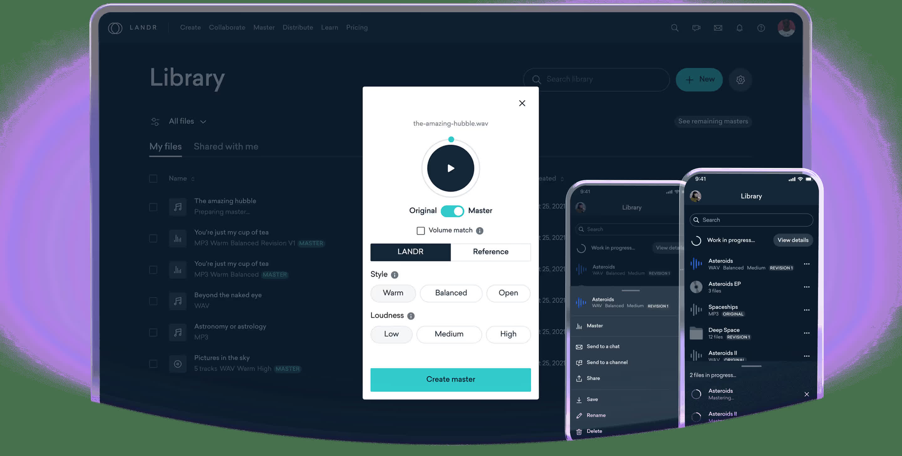 LANDR’s mastering comparison across desktop and mobile layouts, with original and master playback options.