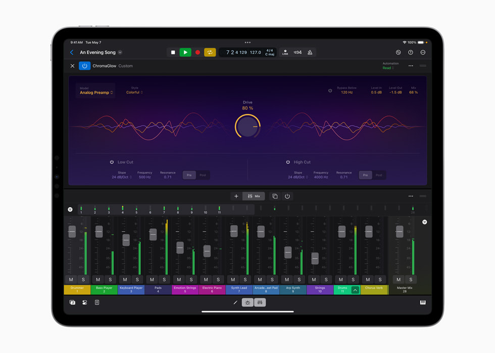 ChromaGlow’s processing controls open over a Logic Pro session on an iPad.