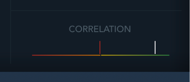 Logic Pro MultiMeter correlation display with a red-to-green horizontal line and a white reading marker.