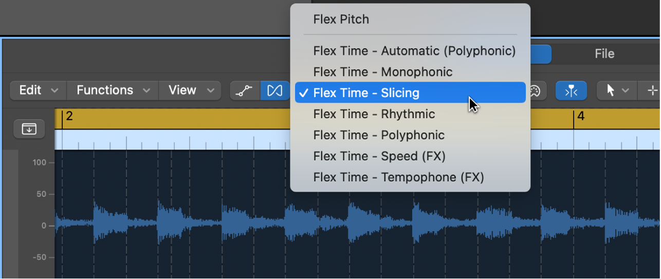 Logic Pro audio editor with the Flex Mode menu showing time algorithms beside a waveform.