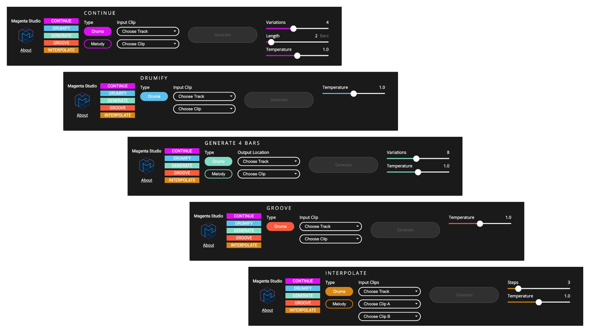 Magenta Studio panels labelled Continue, Drumify, Generate, Groove and Interpolate, with clip and variation controls.